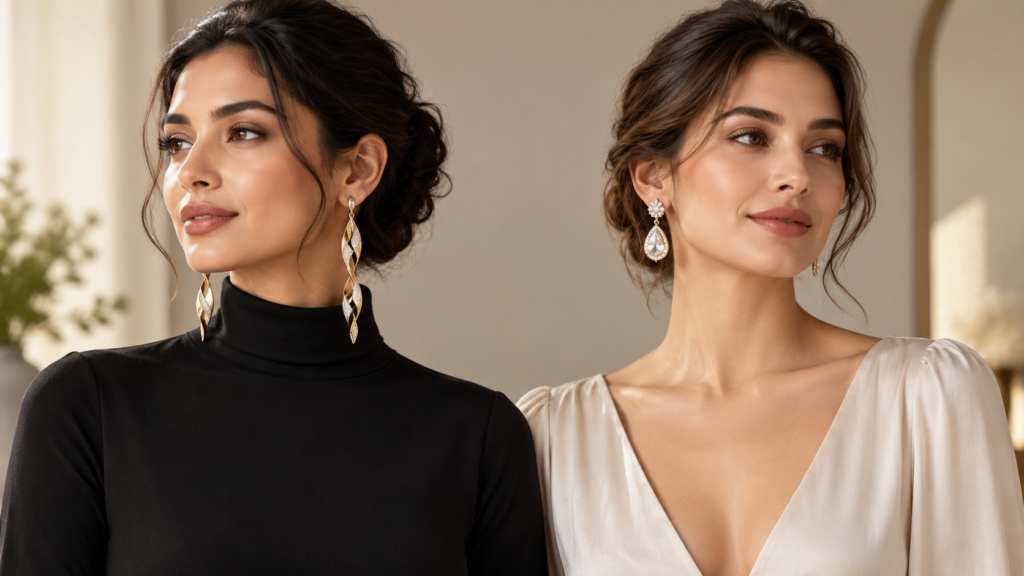 Choosing earrings for high and low necklines with elongated statement earrings and balanced drop earring styling.