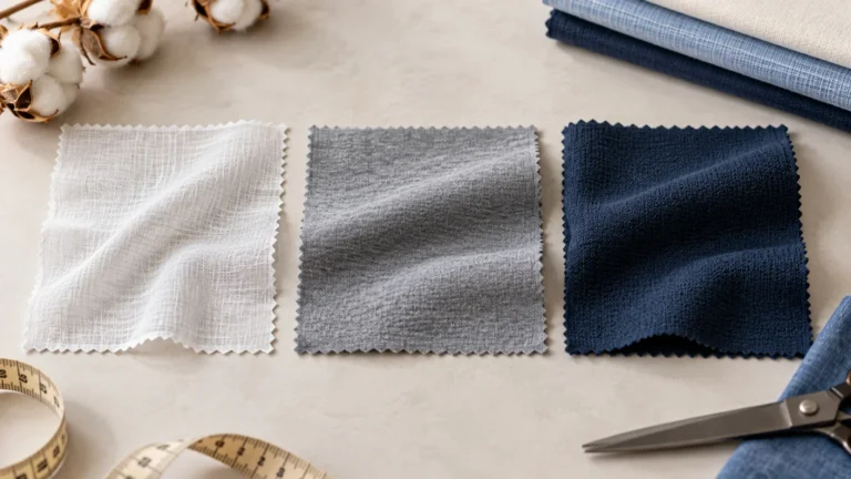 Lightweight, medium-weight and heavier fabric swatches illustrating how GSM relates to clothing fabric weight.