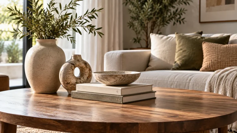 Coffee table décor arranged at varied heights with books, vase and bowl for balanced rule of three styling