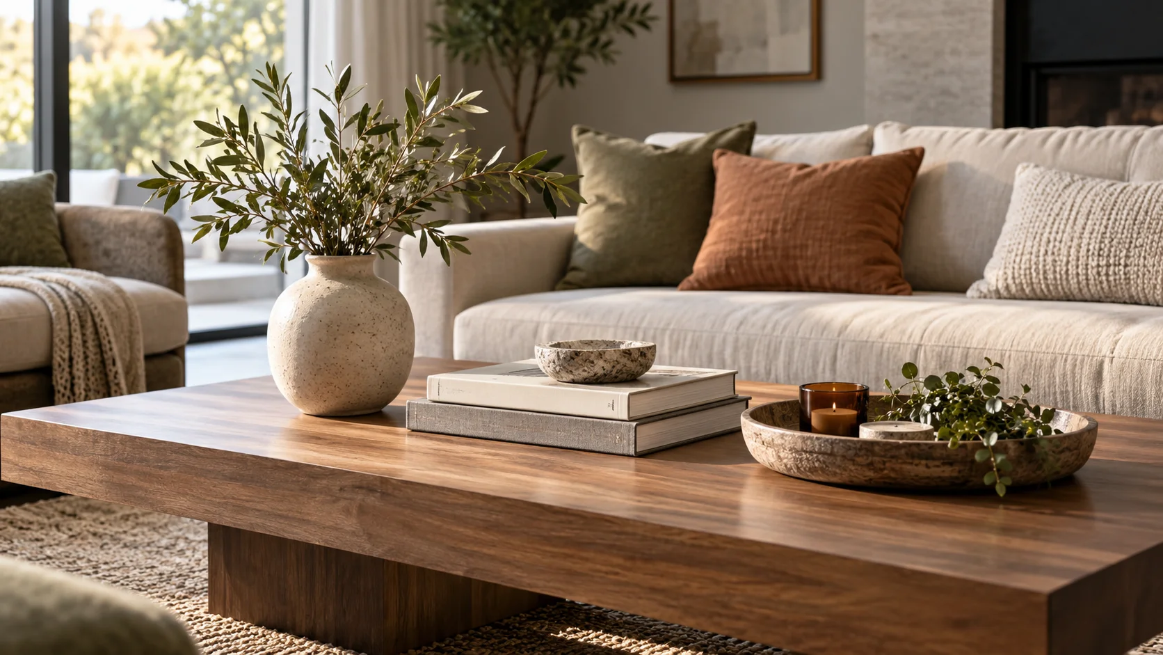 Coffee table styling with the rule of three using books, ceramic vase and decorative bowl in a modern neutral living room