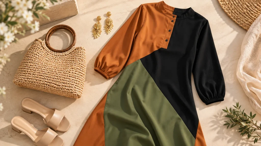 Rust, black and olive colour block midi dress with neutral bag, gold-tone earrings and understated styling accessories