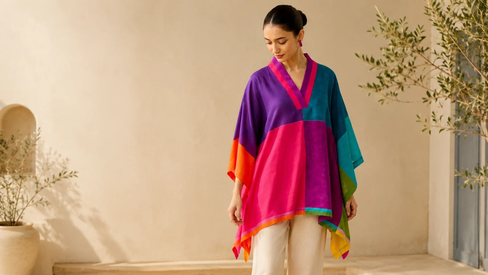 Colour block top for women styled with neutral trousers in a vibrant contemporary fashion look