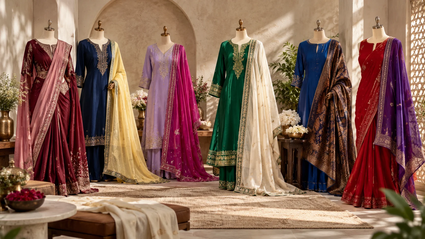 Colour pairings for traditional outfits featuring six elegant women’s ethnic wear colour combinations