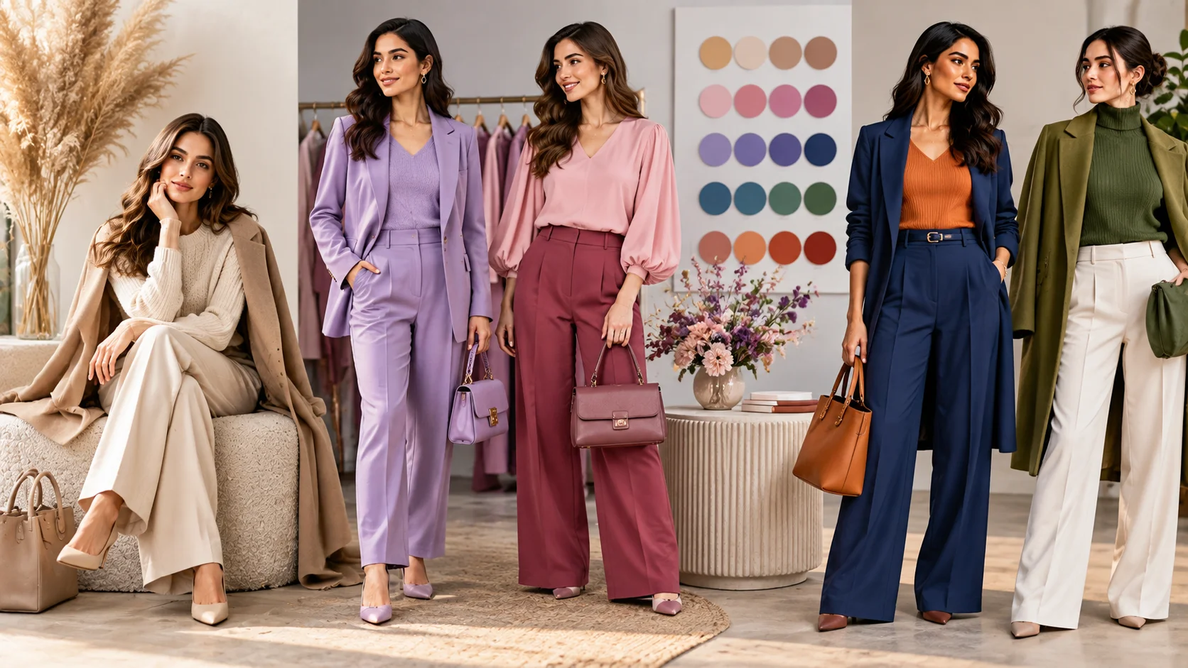 Colour theory in women’s fashion shown through stylish women’s outfits featuring coordinated complementary, analogous and tonal colour combinations.