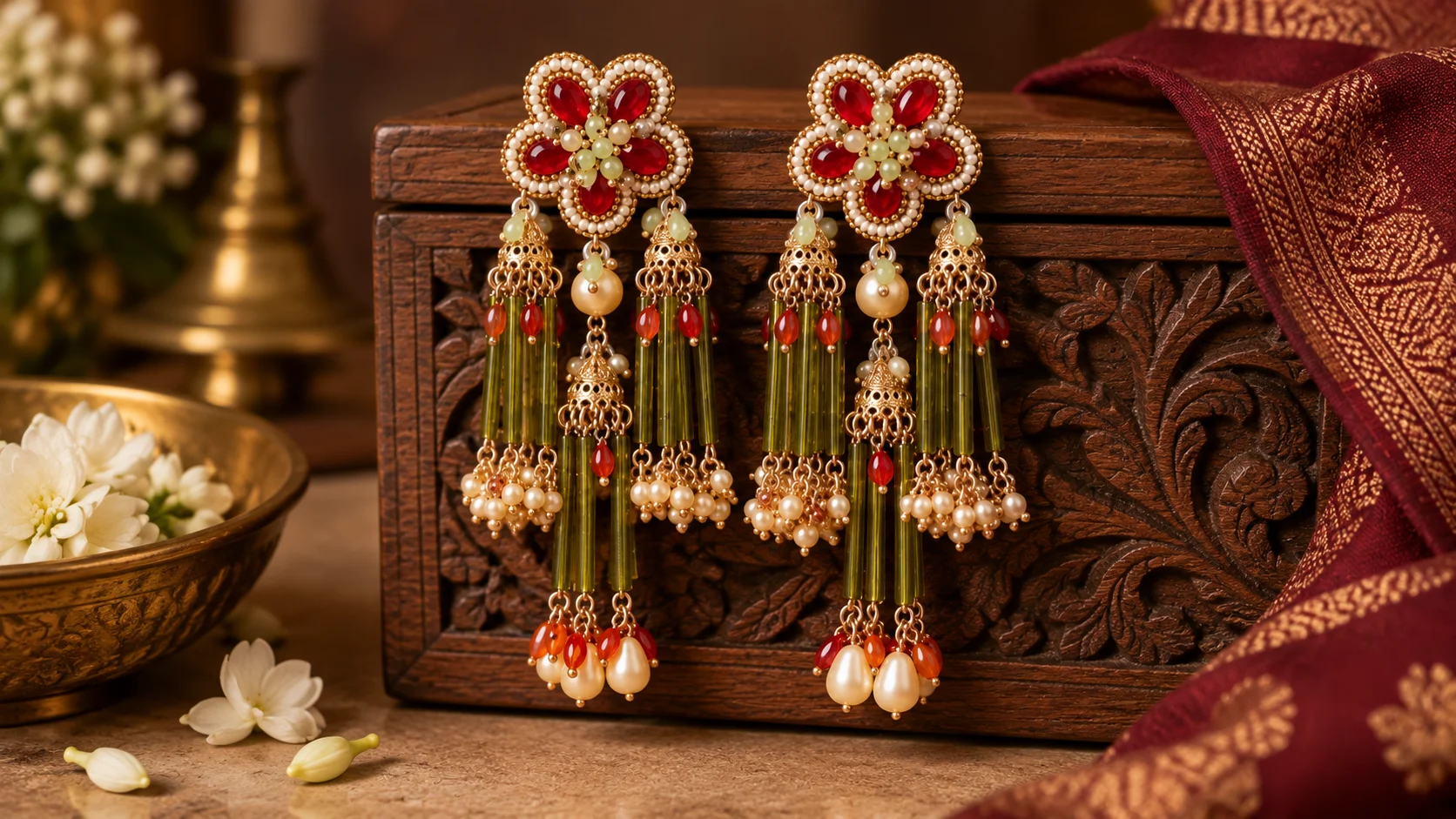 Colourful chandelier earrings with red, green, cream and golden-toned decorative details styled for statement jewellery inspiration.