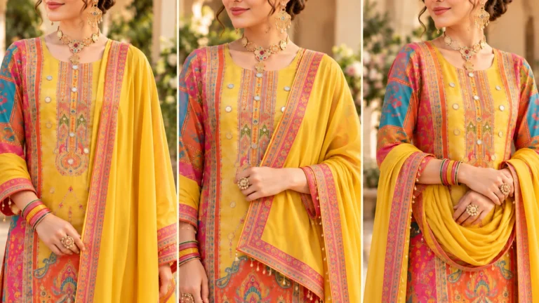 Three simple yellow dupatta draping ideas paired with a colourful kurta set featuring pink and multicoloured details.