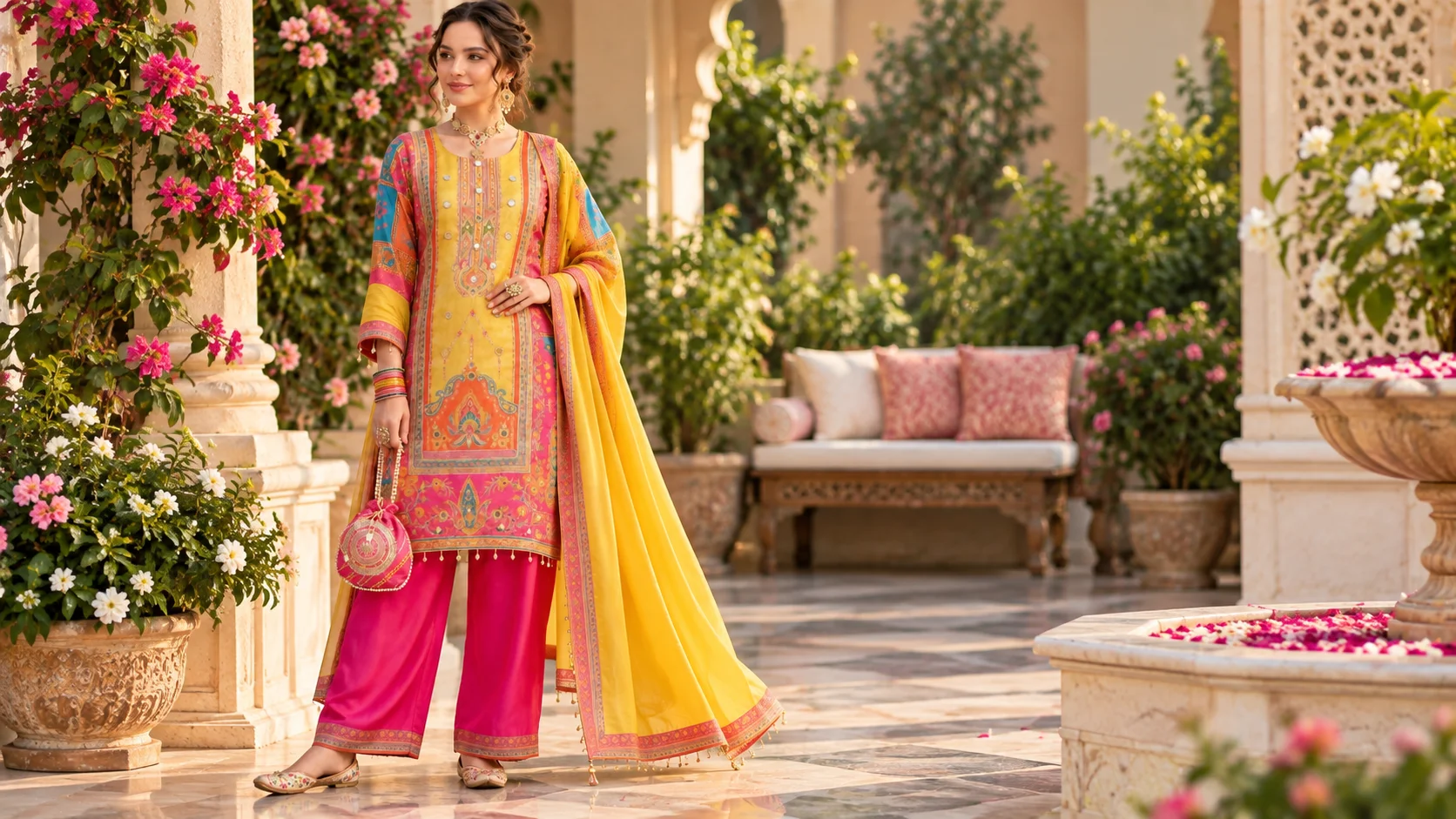 Colourful kurta set styling featuring a yellow multicoloured kurta, bright pink trousers and yellow dupatta in an elegant ethnic fashion setting.