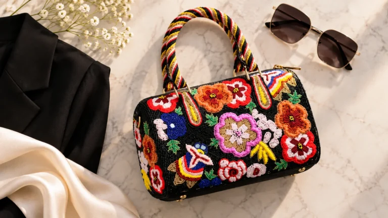 Colourful statement handbag styled with partial black and ivory fashion pieces and understated sunglasses.