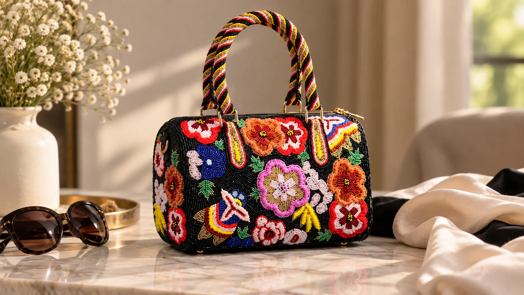 Colourful statement handbag with multicoloured floral detailing on a dark background styled as a women's fashion accessory.