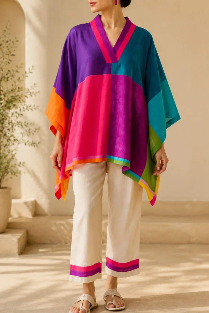 Colourful statement top paired with cream trousers to demonstrate balanced neutral-bottom styling