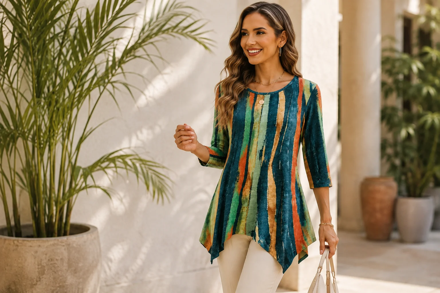 Multicolour statement tunic paired with neutral trousers for a balanced women’s everyday outfit