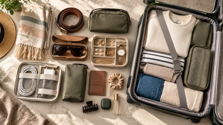 Compact system to pack accessories including belts, scarves, sunglasses, jewellery and charging cables for travel.