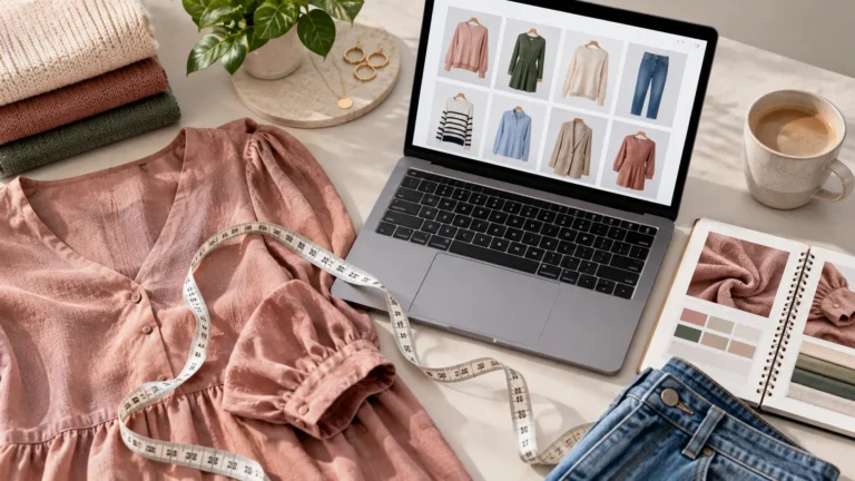 Clothing, measuring tape and laptop arranged for comparing sizing and product details when shopping for clothes online.