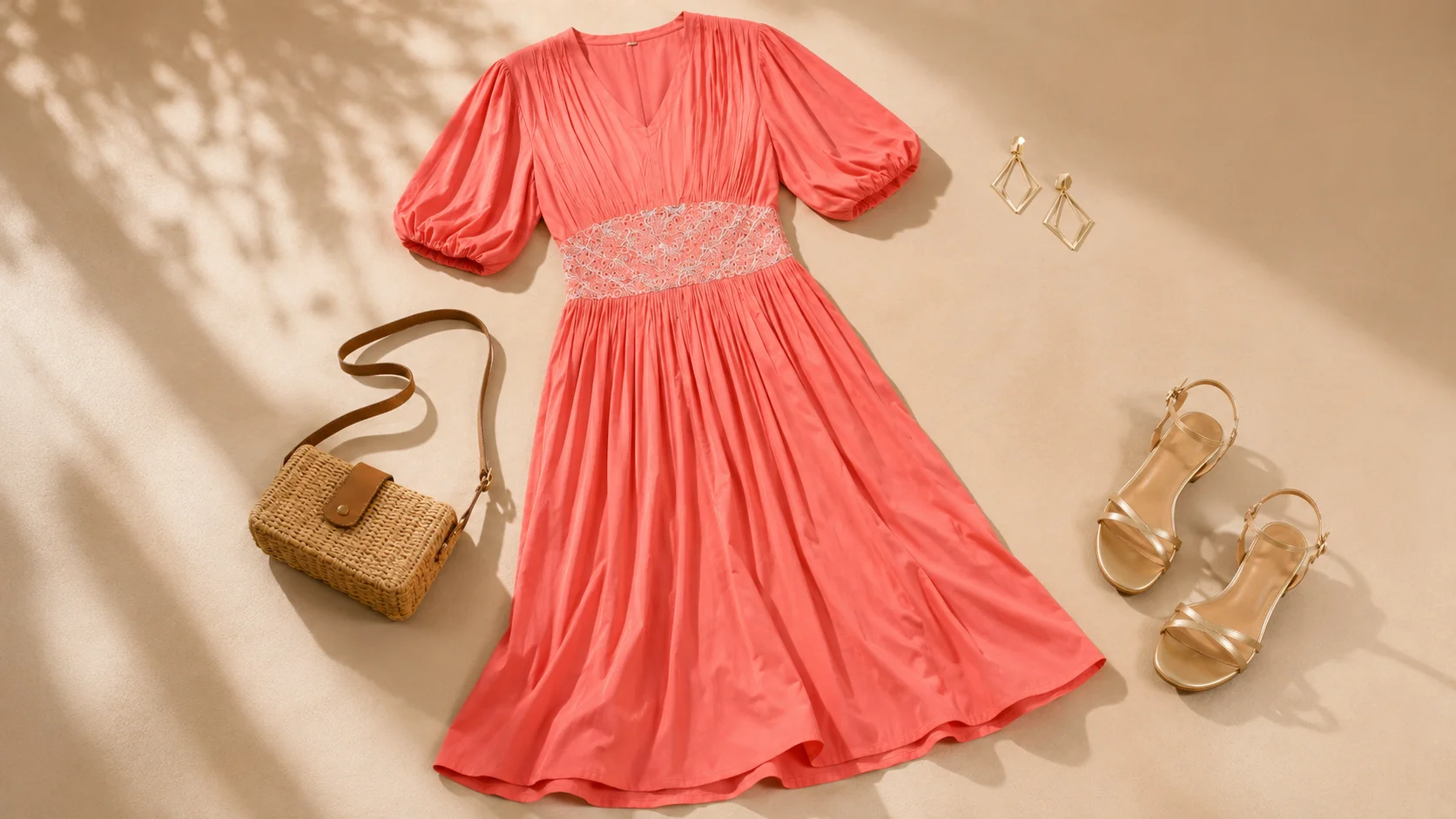 Coral midi dress displayed with a neutral woven bag, strappy sandals and minimal jewellery as styling inspiration.