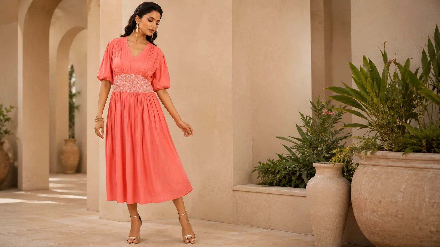 Woman wearing a coral midi dress with V-neckline, gathered skirt and decorative waist detail styled with understated accessories.