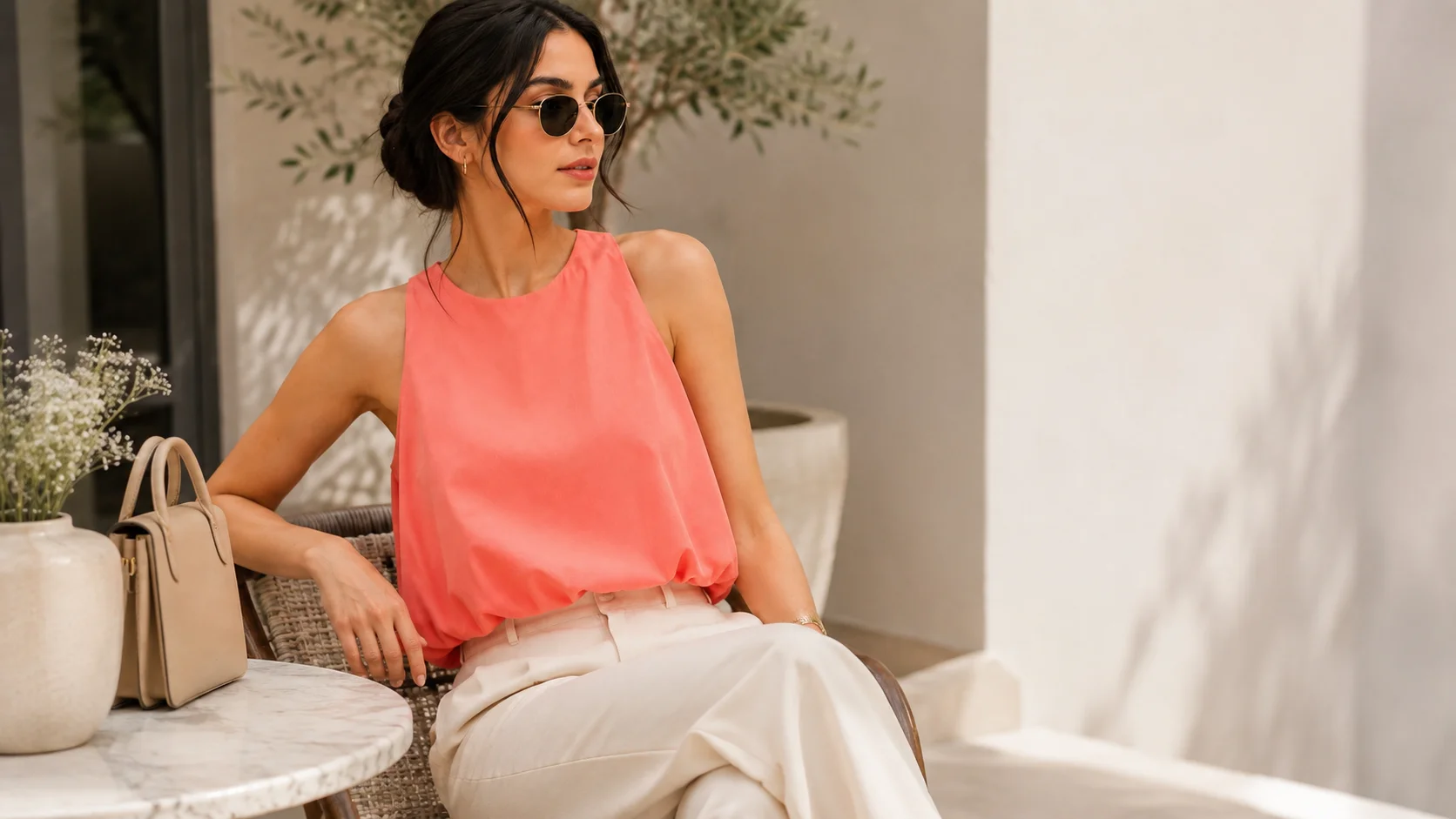 Coral sleeveless top styled with neutral trousers for effortless coral top styling inspiration.