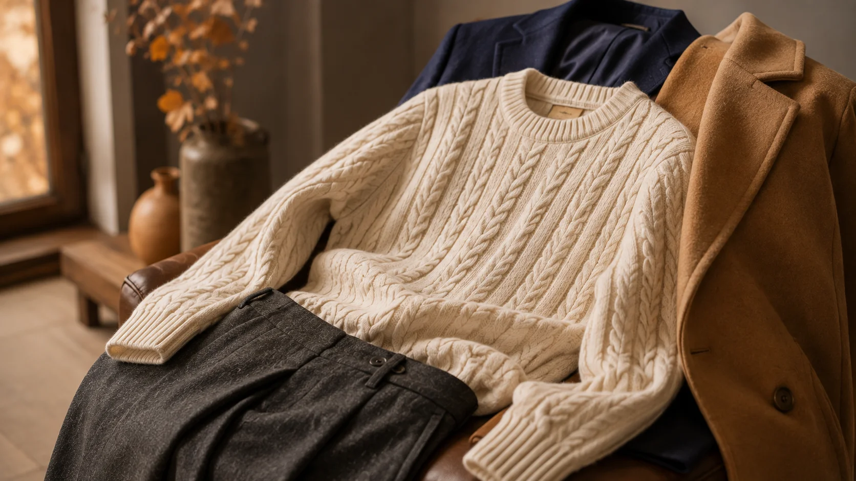 Cream cable-knit sweater coordinated with camel, navy and charcoal pieces for an old money-inspired men’s autumn wardrobe.