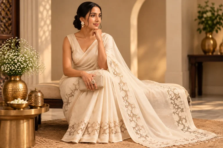 Cream saree styling inspiration with floral border detail and restrained occasion accessories.