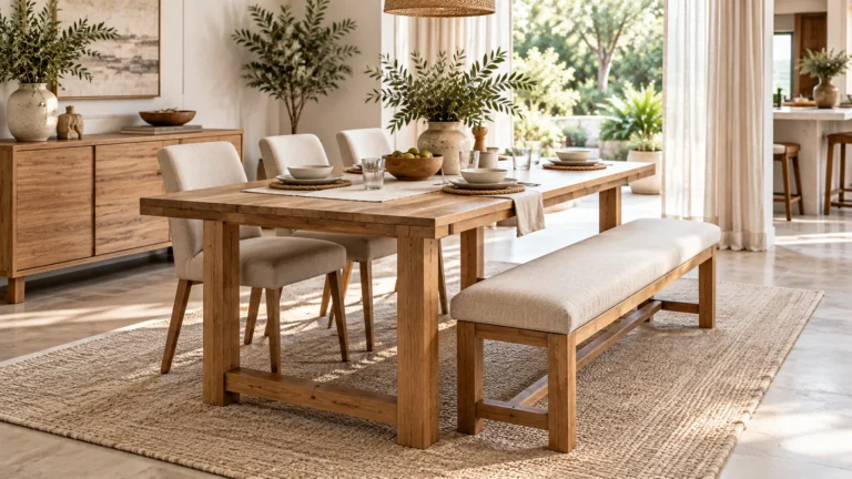Dining bench seating and individual dining chairs showing practical table fit and room layout.