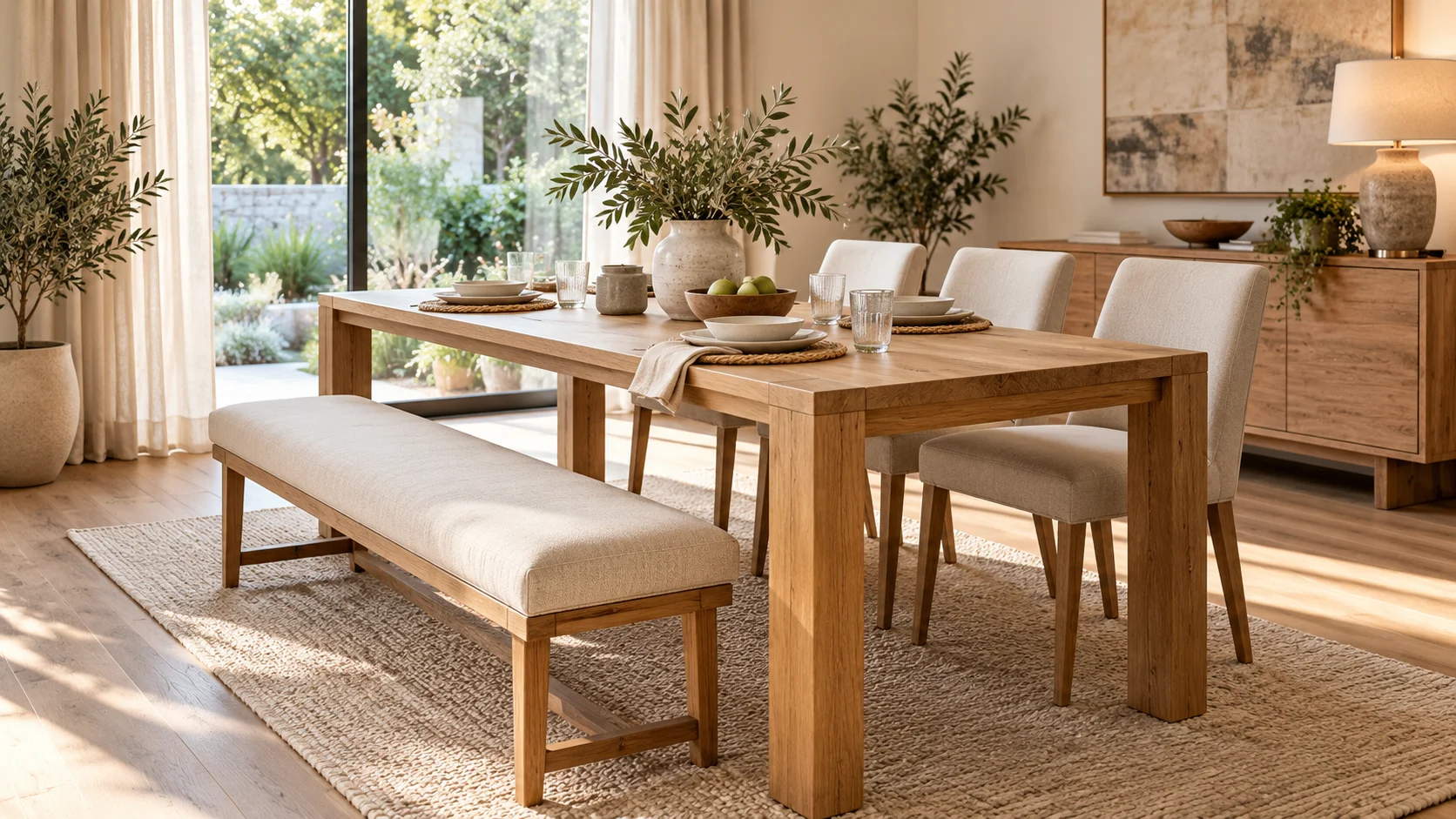 Dining bench vs dining chairs arranged around a rectangular dining table in a practical modern dining room.
