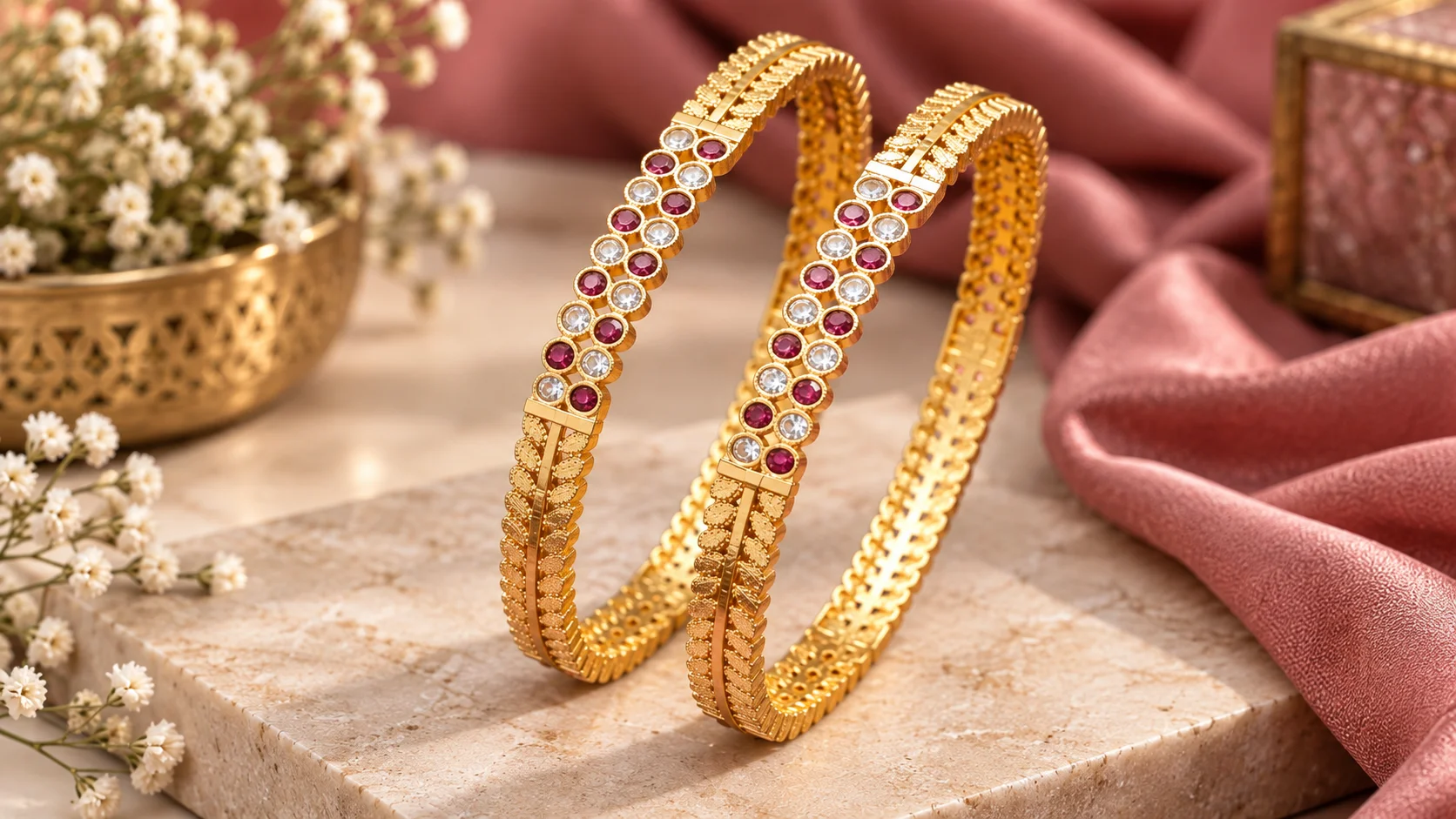 Elegant bangle styling featuring a pair of golden-tone bangles with clear and deep pink decorative accents in a refined jewellery setting.