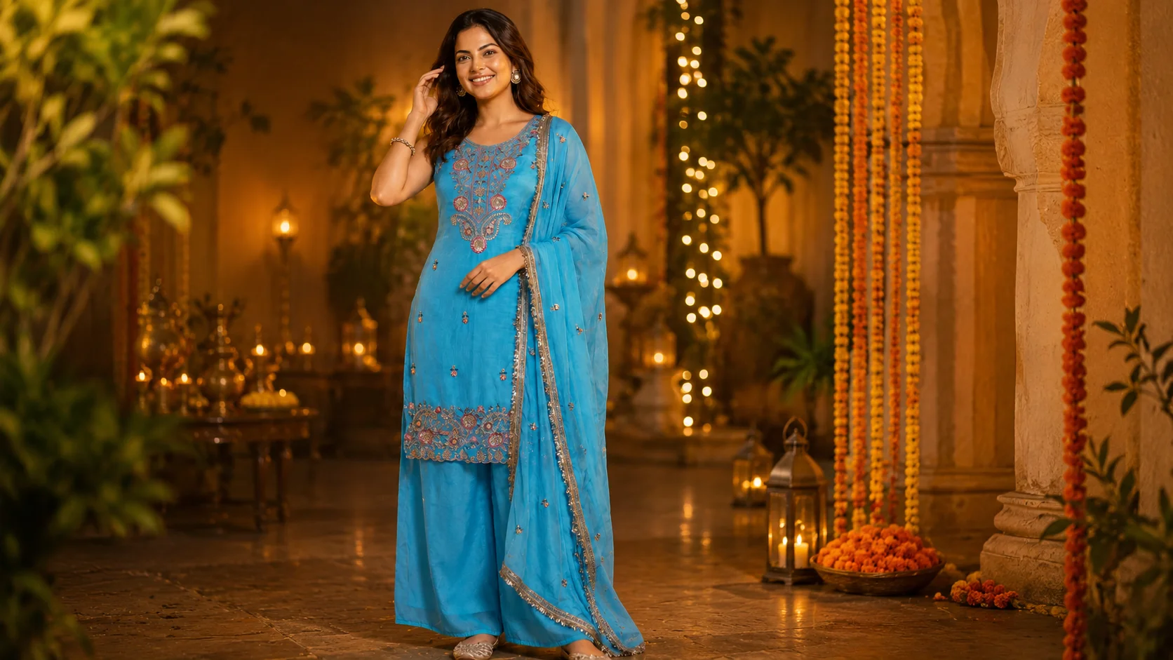 Woman wearing a vibrant blue festive kurta set with decorative neckline details, matching trousers and dupatta styled for an elegant celebration.