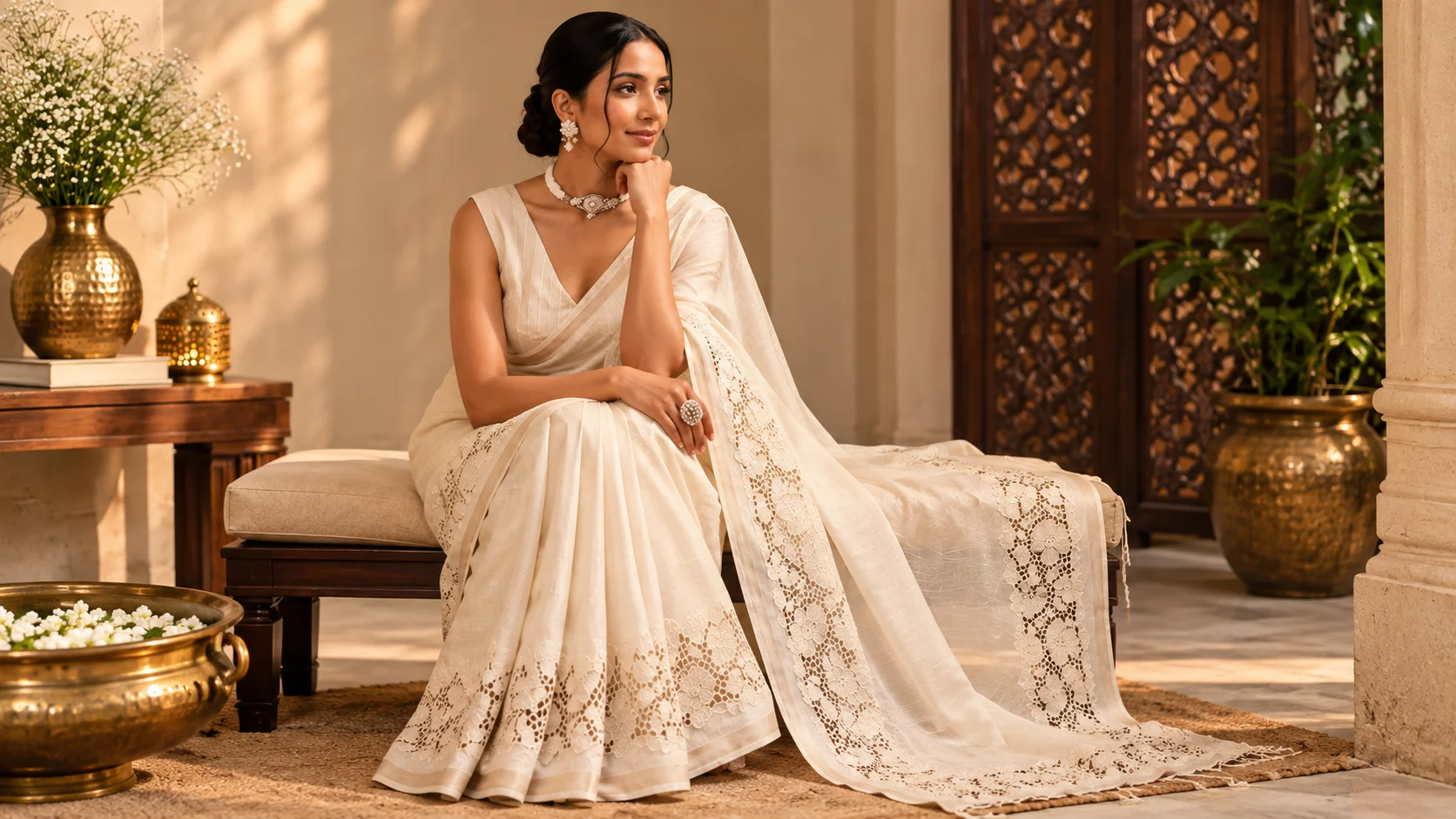 Elegant cream saree styling with floral border detailing for an understated occasion-ready women's fashion look.