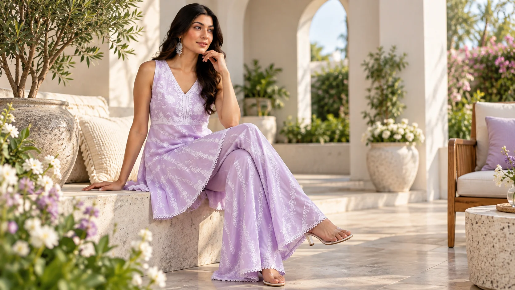 Lilac embroidered kurta set styled for elegant women’s ethnic wear inspiration