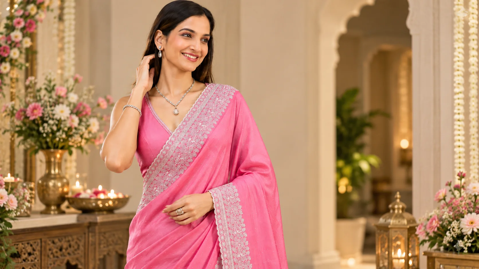 Elegant pink saree styling featuring an onion-pink saree with an ornate contrasting border for special-occasion fashion inspiration.