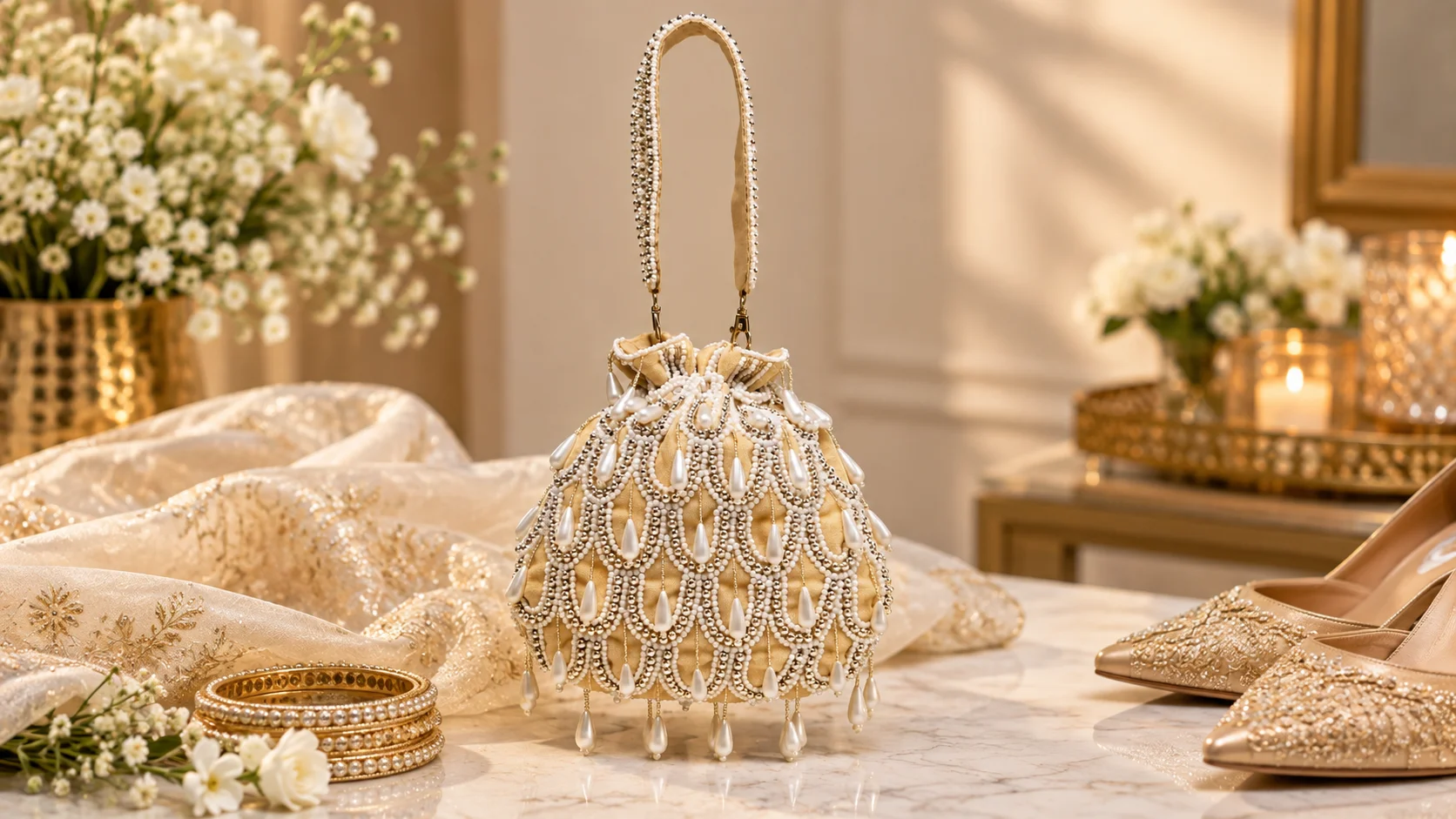 Elegant embellished potli bag with ivory and golden-tone decorative details styled for occasion wear.