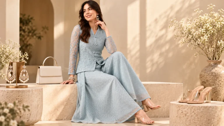 Pale blue embroidered co-ord with statement earrings, neutral handbag and refined footwear styling inspiration.