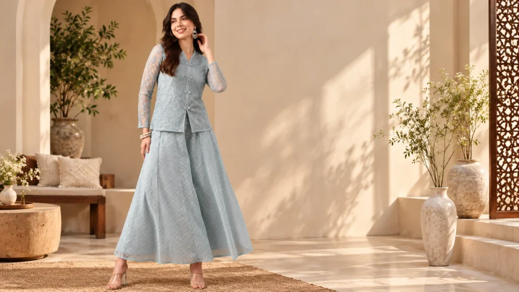 Pale blue embroidered co-ord set for women with detailed long-sleeved top and flowing palazzo-style bottoms.