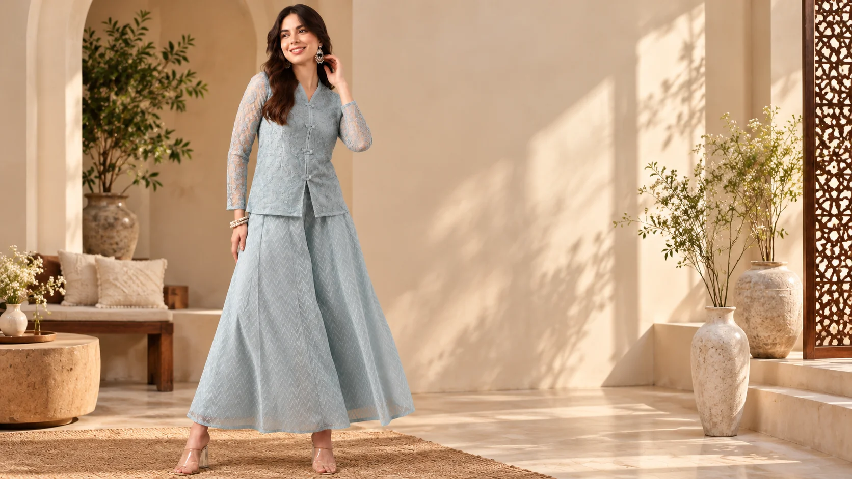 Pale blue embroidered co-ord set for women with detailed long-sleeved top and flowing palazzo-style bottoms.