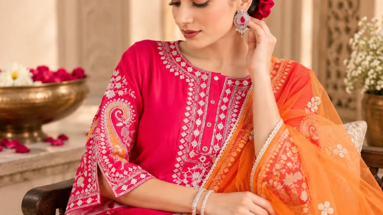 Pink embroidered kurta neckline and orange dupatta with restrained jewellery styling details.