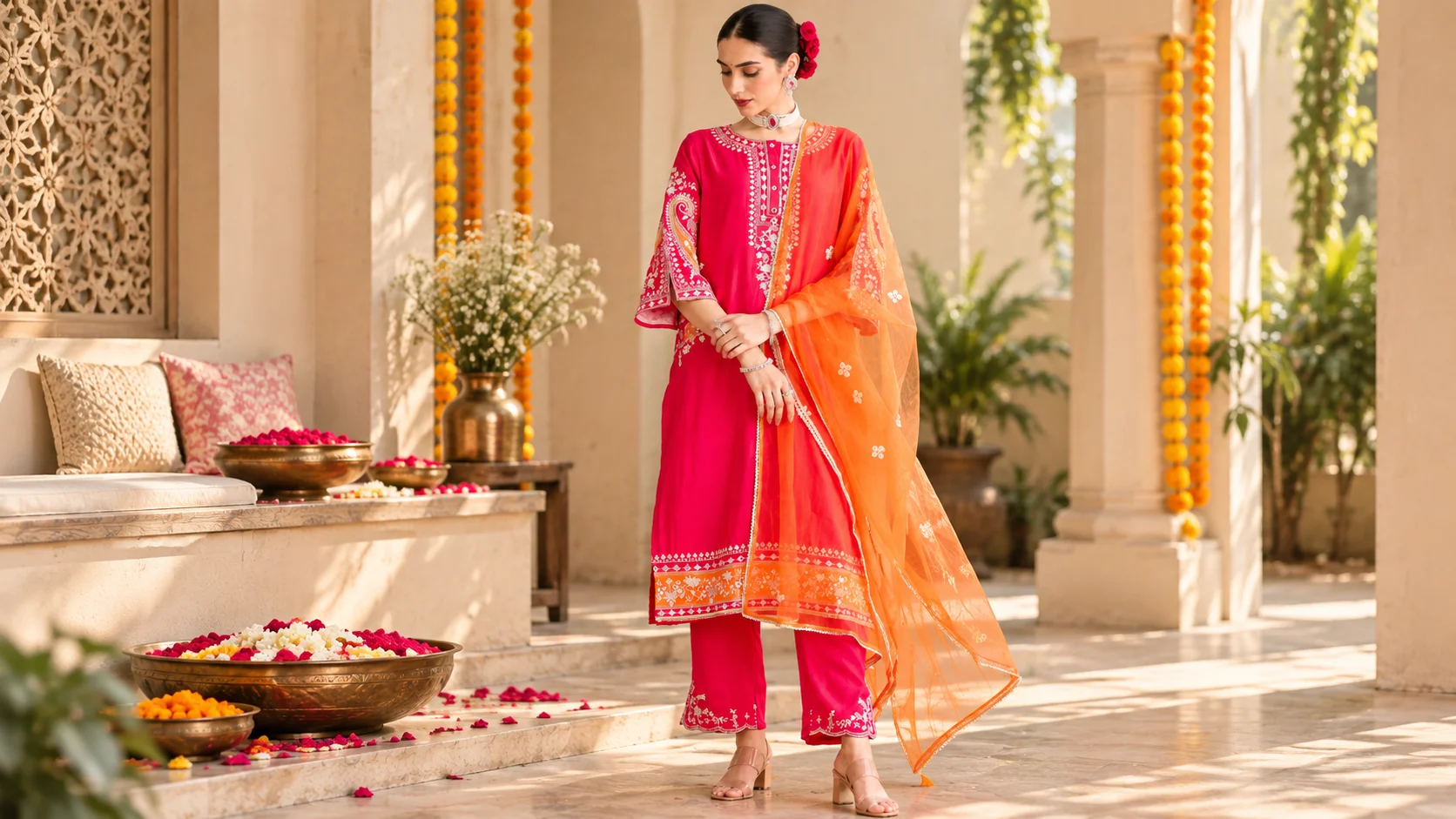 Woman wearing a bright pink embroidered kurta set with coordinating trousers and contrasting orange dupatta for embroidered kurta set styling inspiration.