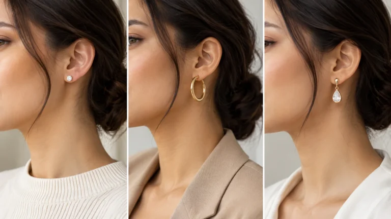Everyday earrings comparison showing stud, hoop and drop earring silhouettes and their different visual presence.