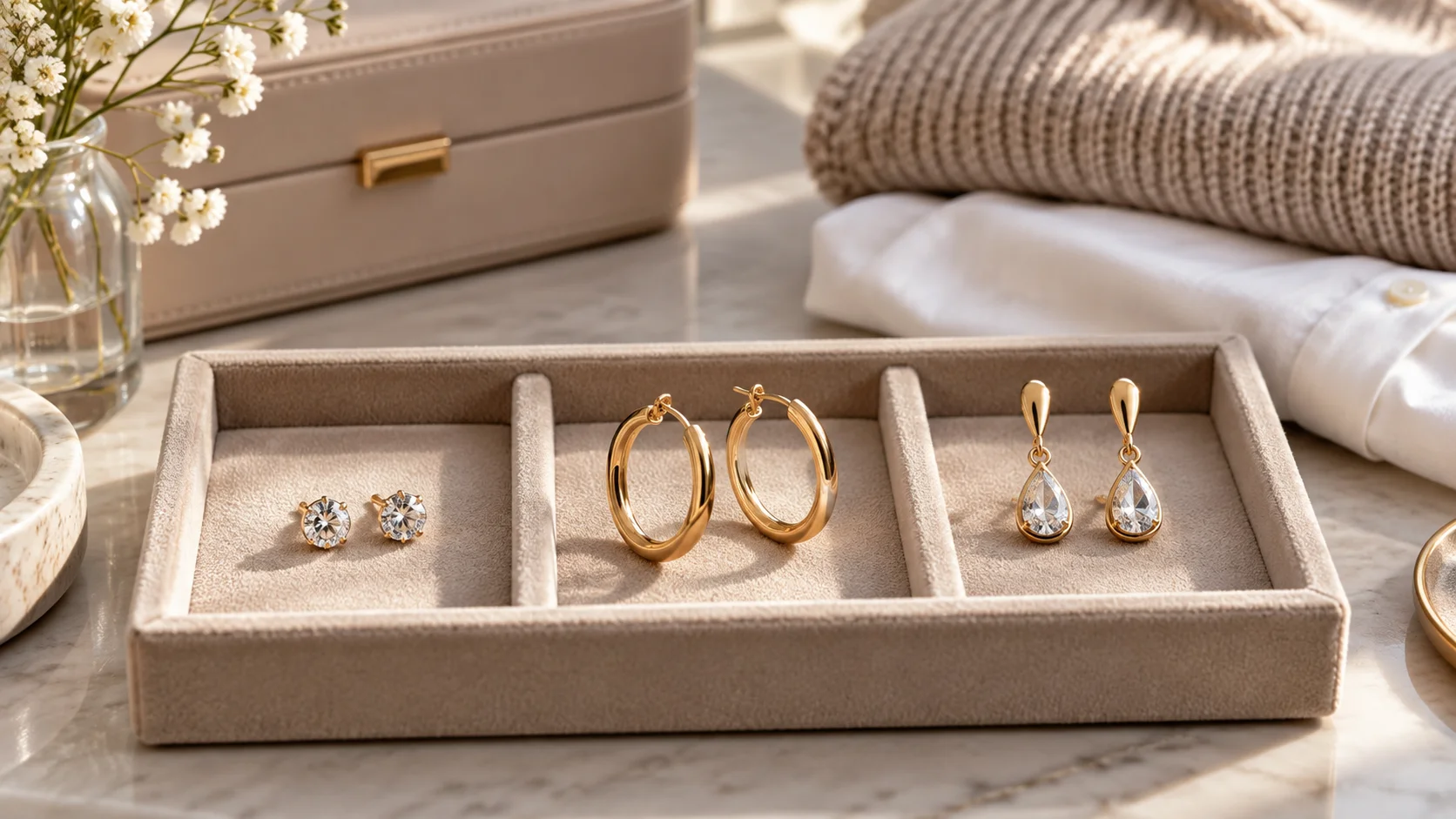 Stud, hoop and drop everyday earrings arranged on an elegant jewellery tray for an everyday earring style comparison.