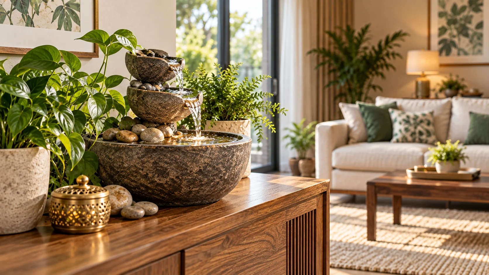 Elegant living room with a natural stone Feng Shui water feature on a wooden table