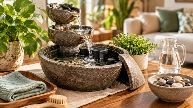 Clean natural-stone water fountain with visible basin and simple maintenance setup