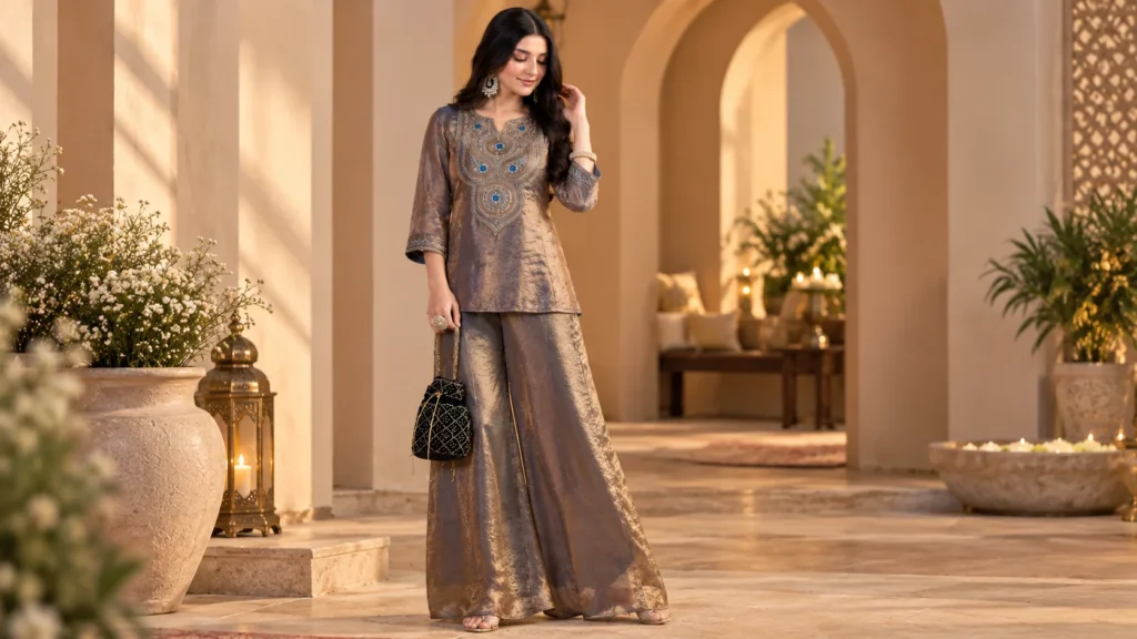 Woman wearing an embellished festive co-ord set with a statement top and wide-leg palazzo trousers