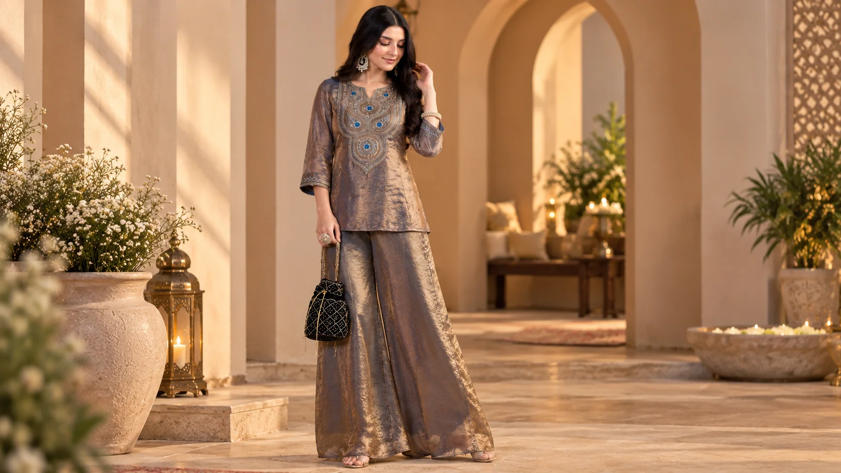 Woman wearing an embellished festive co-ord set with a statement top and wide-leg palazzo trousers