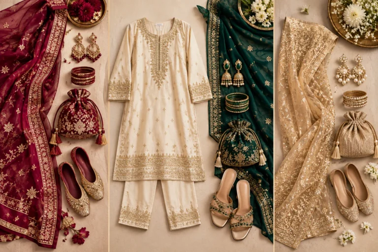 Festive outfit planning showing one traditional outfit restyled with different colour accents and accessories.
