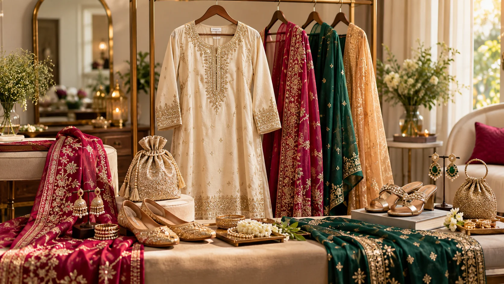 Festive outfit planning with traditional clothing, jewellery, dupatta and accessories arranged for creative wardrobe restyling.