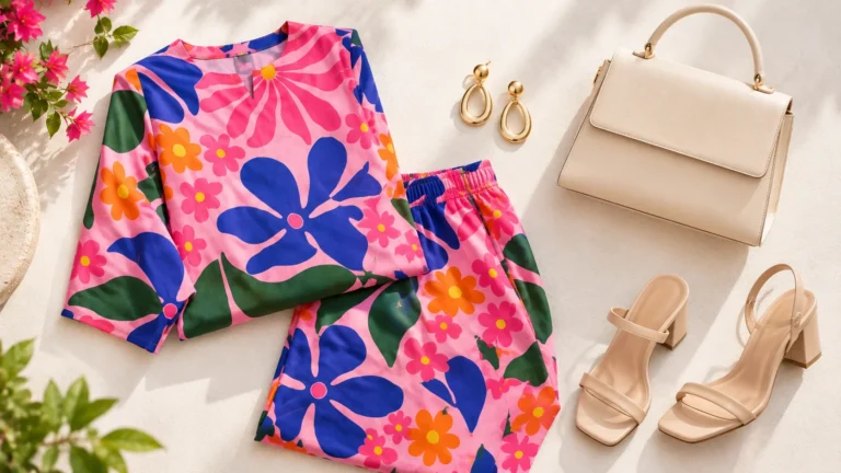 Neutral bag, sandals and restrained earrings arranged as styling ideas beside a colourful floral co-ord pattern.