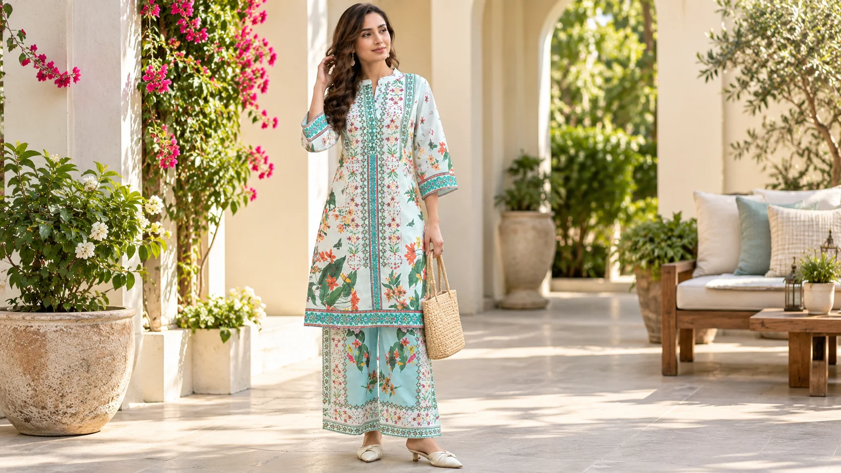 Woman wearing a light floral co-ord set with botanical motifs and coordinating printed trousers for floral co-ord set styling inspiration.