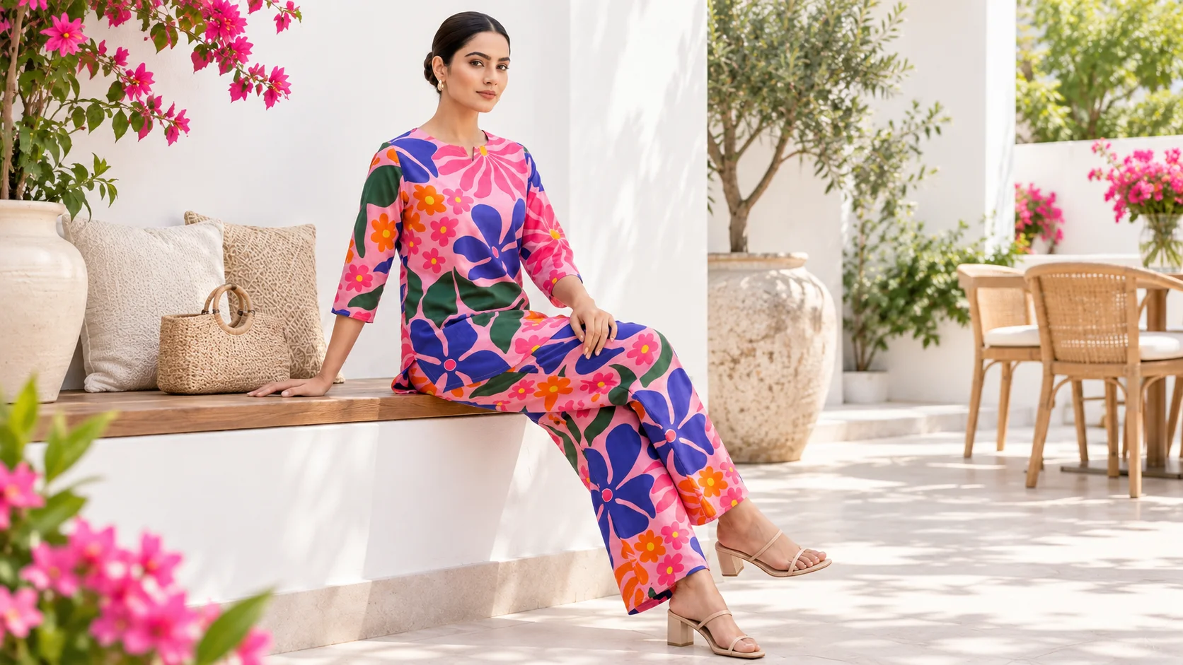 Woman wearing a bold pink floral co-ord set with colourful oversized flower motifs for floral co-ord set styling inspiration.