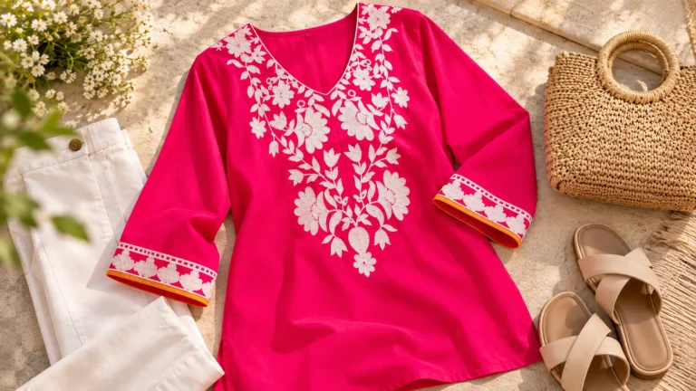 Floral embroidered kurti styling with neutral trouser, sandal and bag ideas.