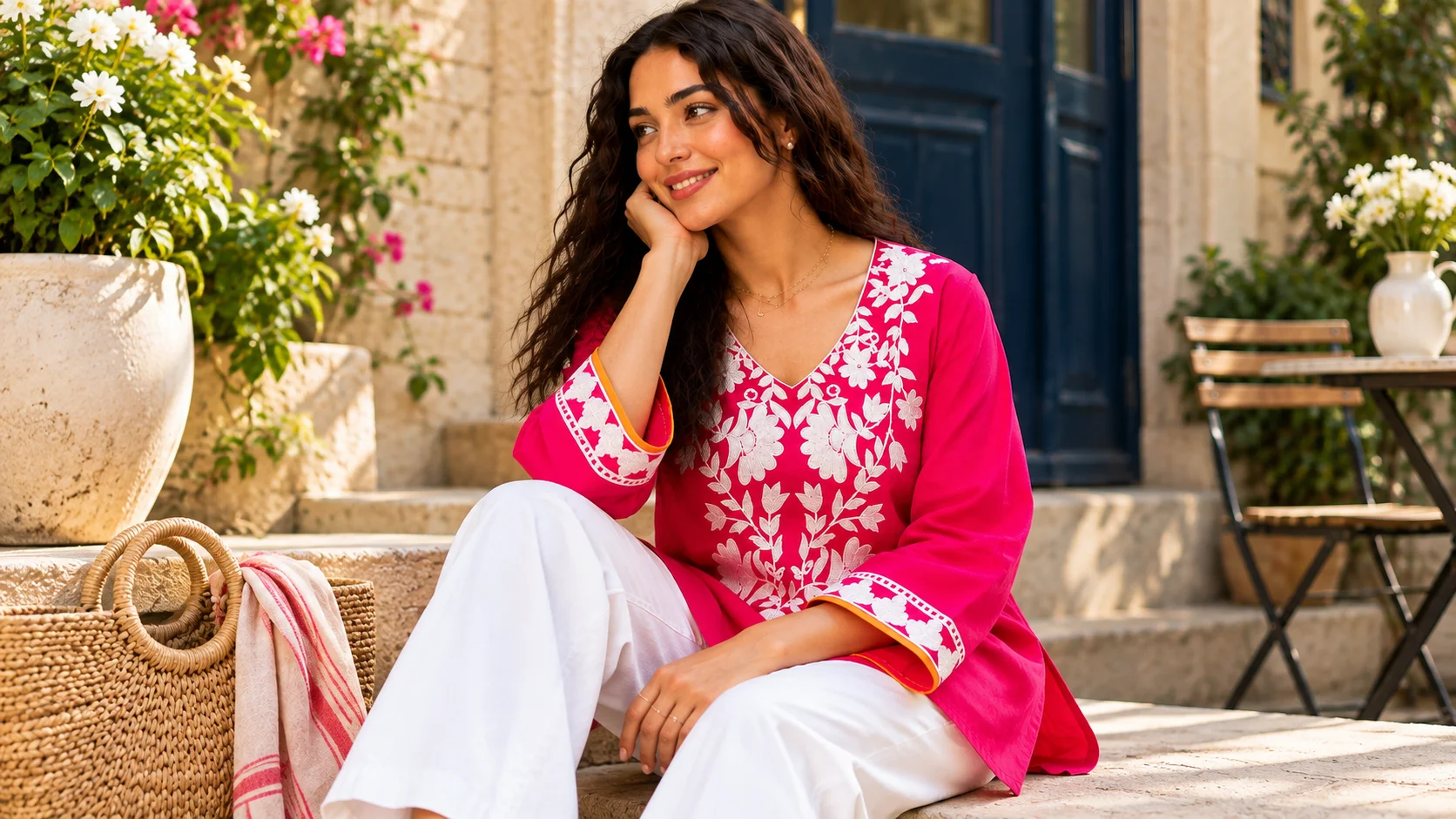 Pink floral embroidered kurti styling with white trousers for an effortless women’s outfit.