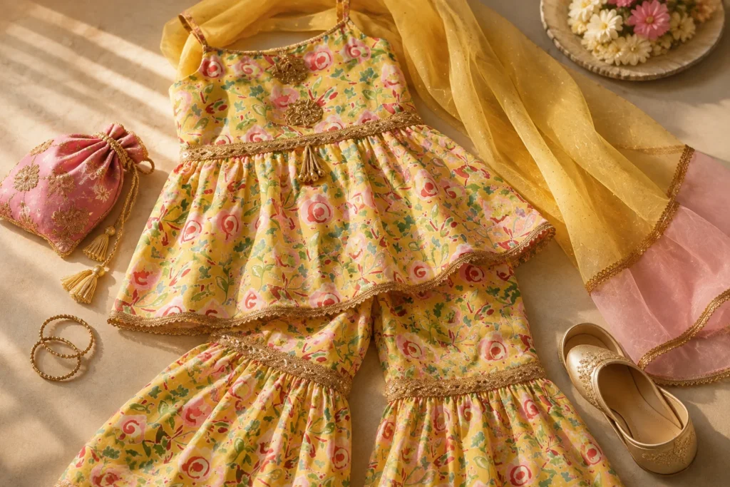 Yellow floral girls ethnic wear with restrained pink, neutral and gold-toned festive styling accents.