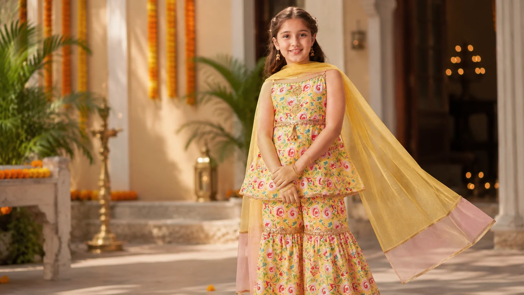 Yellow floral girls ethnic wear with coordinating dupatta styled as colourful festive outfit inspiration.